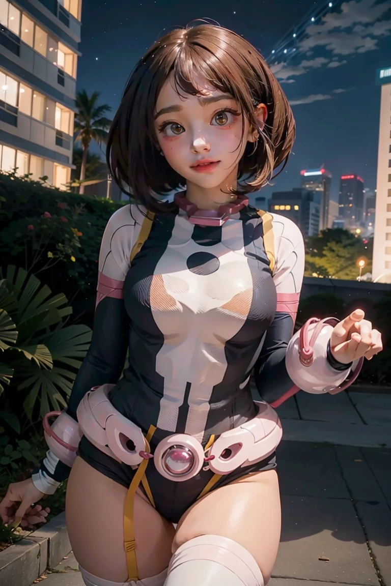 Ochako Uraraka  ,1 girl , anime , Masterpiece  ,  satisfied smile ,short hair, hero uniforme  leotard fio-dental sexy , thigh ,Uravity  , Medium bust , thigh , night city, sexy 