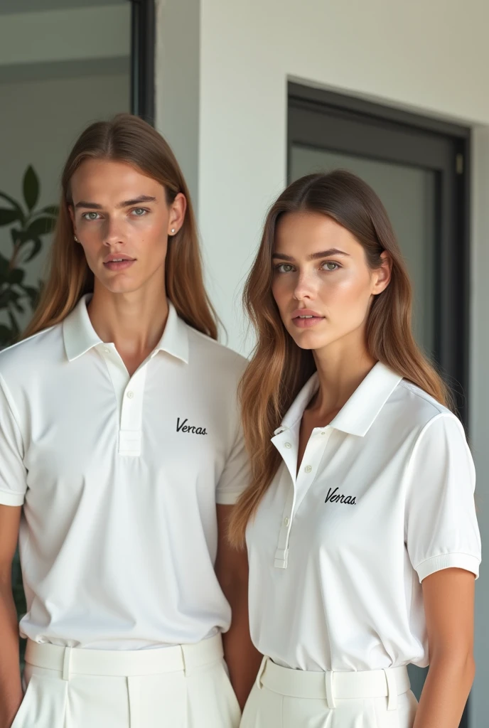 create a fashion model for men and women in polo uniforms with the Verras brand, white color, elegant light brown long hair, front view, office landscape