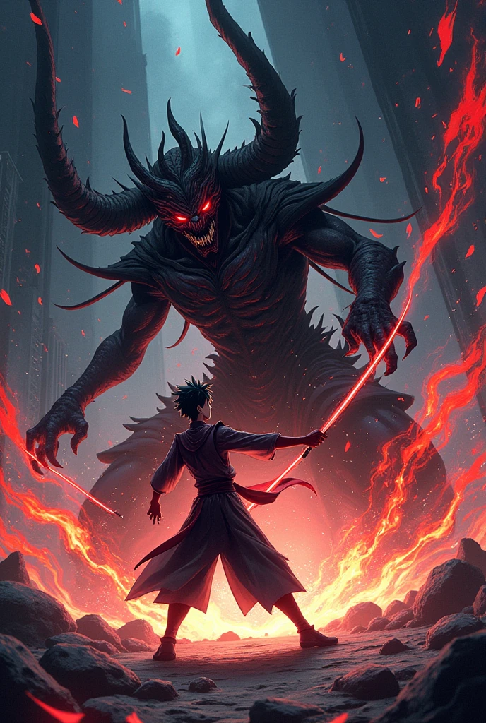 Two Demon Hunters ( Kimtesu no yaiba) one with solar breathing and the other with lunar breathing around the Demon "He comes" de Kimtesu no yaiba y akaza en el medio de ellos confundido y tratando de regenerar un brazo que le cortaron