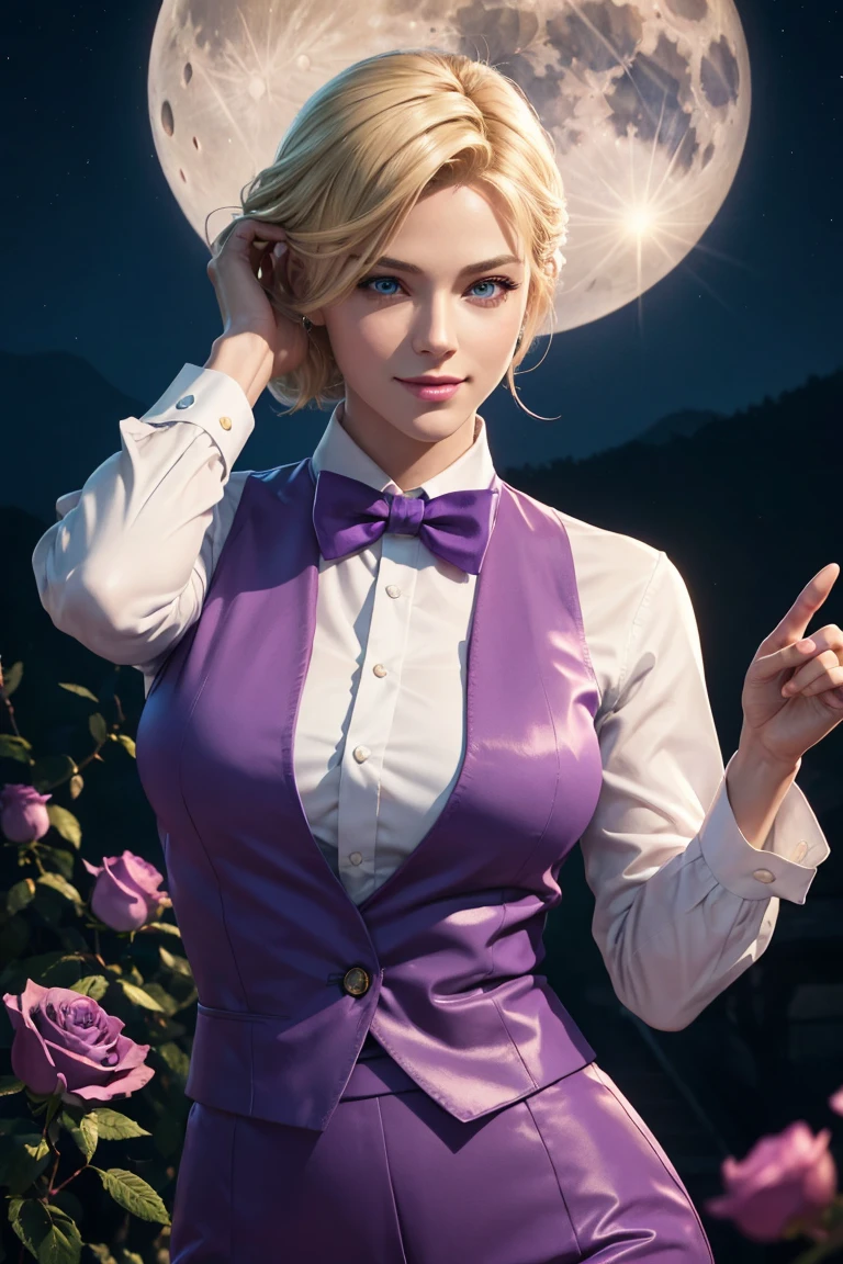 KOF,King of Fighters,King,Blue Eyes,Blonde Hair,Medium Hair,White long shirt,Purple vest,A bow tie,Beautiful white skin,Photorealistic,Ultra HD,high quality,masterpiece,Digital SLR,Detailed details,Intricate details,Anatomical basis,Depicted in detail,A detailed face,Realistic skin texture,Vivid details,Perfect Anatomy,Perfect Anatomy,Anatomically correct hand,Anatomically correct fingers,Super Detail,Complex 3D rendering,Sexy pose,Fantasy worldview,Beautiful Full Moon,,Beautiful night sky,Purple rose petals fluttering,Picturesque,Pink Lips,smile,