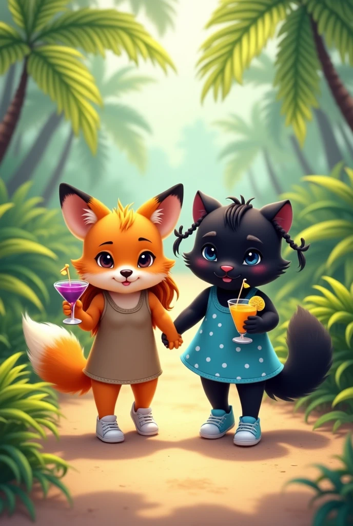 Cute and fluffy orange anthropomorphic fox of small stature in a dark beige full-length sundress.Fox shoes white sneakers. The fox has orange hair that reaches the floor.. A fox holds a sling with a grape cocktail and a straw in its paw. Next to the fox is a cute anthropomorphic fluffy black panther in a short bright blue mini sundress with white polka dots. Panther shoes blue sneakers.The panther has a hairstyle on the sides of its head with two black ponytails reaching to the floor.. The panther has kind blue eyes. Panther holds a sling with a mango cocktail and a straw in its paw. They walk holding paws along a path in a palm forest..

