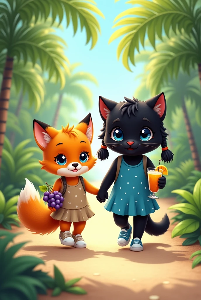 Cute and fluffy orange anthropomorphic fox of small stature in a dark beige full-length sundress.Fox shoes white sneakers. The fox has orange hair that reaches the floor.. A fox holds a sling with a grape cocktail and a straw in its paw. Next to the fox is a cute anthropomorphic fluffy black panther in a short bright blue mini sundress with white polka dots. Panther shoes blue sneakers.The panther has a hairstyle on the sides of its head with two black ponytails reaching to the floor.. The panther has kind blue eyes. Panther holds a sling with a mango cocktail and a straw in its paw. They walk holding paws along a path in a palm forest..
