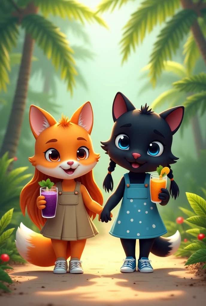Cute and fluffy orange anthropomorphic fox of small stature in a dark beige full-length sundress.Fox shoes white sneakers. The fox has orange hair that reaches the floor.. A fox holds a sling with a grape cocktail and a straw in its paw. Next to the fox is a cute anthropomorphic fluffy black panther in a short bright blue mini sundress with white polka dots. Panther shoes blue sneakers.The panther has a hairstyle on the sides of its head with two black ponytails reaching to the floor.. The panther has kind blue eyes. Panther holds a sling with a mango cocktail and a straw in its paw. They walk holding paws along a path in a palm forest..