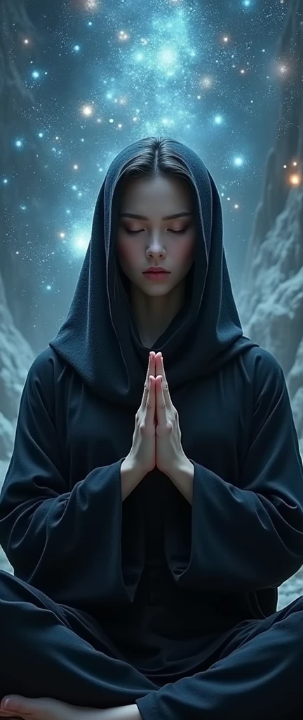 (work: 1.2, Excellent Quality, mirror-like, Cinematic Experience, Photorealistic: 2.0, RAW Photo: 2.0),8k, wallpaper, (1 woman, in hijab), (Detailed hand drawing: 2.0), (Beautiful woman's hands: 2.0 ), (A female wise ninja in the world of illusion:2.0),(Ninja black costume:2.0),(Look at the camera),(Beautiful Eyes,Beautiful and shining eyes),(Woman is on the verge of enlightenment:2.0), (She is meditating:2.0),(The woman's body is enveloped in the aura of enlightenment:2.0),(The background is a universe consisting of 3,000 worlds:2.0),(VFX:2.0,CG:2.0 )