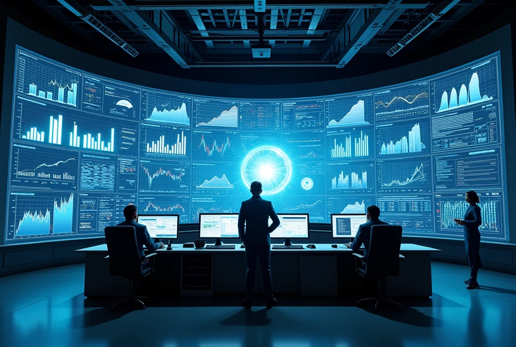 Banking solutions, charts, big screen, control room,
