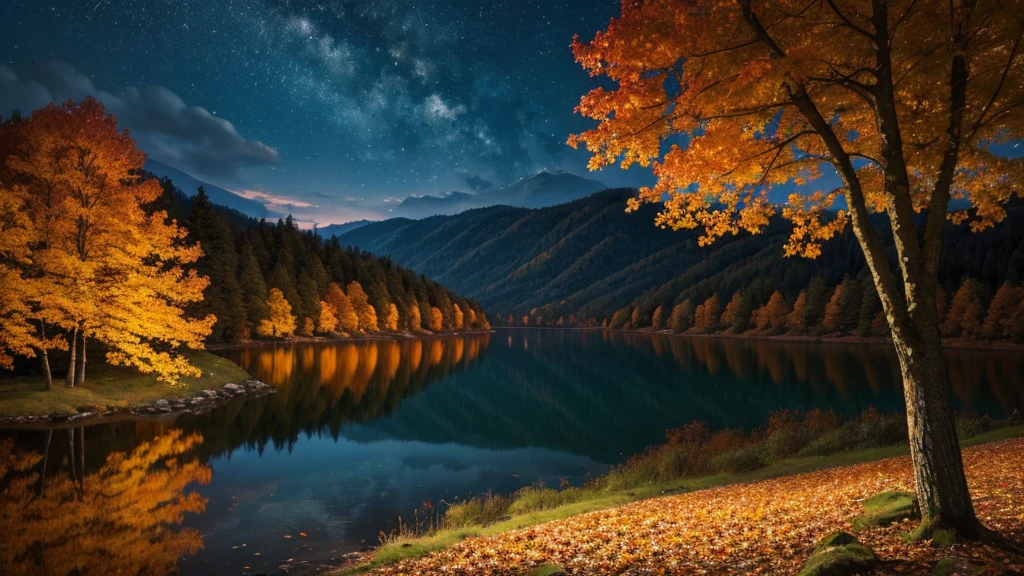 ((masterpiece)),((Highest quality)),((High Detail)),nobody,background, forest, lake, night, autumn leaves