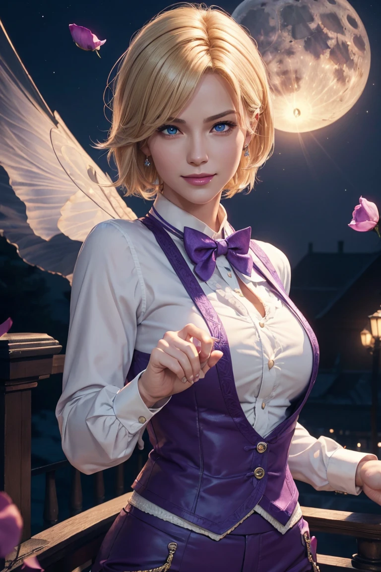 KOF,King of Fighters,King,Blue Eyes,Blonde Hair,Medium Hair,White long shirt,Purple vest,A bow tie,Beautiful white skin,Photorealistic,Ultra HD,high quality,masterpiece,Digital SLR,Detailed details,Intricate details,Anatomical basis,Depicted in detail,A detailed face,Realistic skin texture,Vivid details,Perfect Anatomy,Perfect Anatomy,Anatomically correct hand,Anatomically correct fingers,Super Detail,Complex 3D rendering,Sexy pose,Fantasy worldview,Beautiful Full Moon,,Beautiful night sky,Purple rose petals fluttering,Picturesque,Pink Lips,smile,