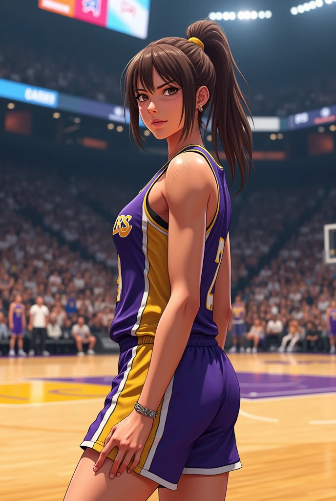 (photorealism:1.2), nobara kugisaki from Jujutsu kaisen as a lakers basketball player