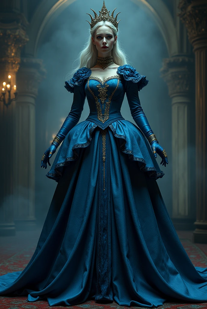Cinderella with her blue dress as a villain in a dark setting 
