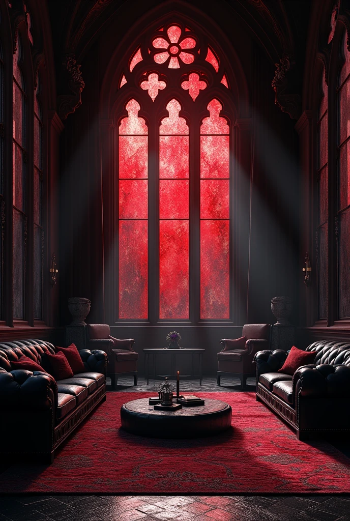 You can create a huge living room, with gothic style windows, with black curtains, with completely black walls and black medieval furniture, black upholstery, with the entry of very intense red sunlight through the almost opaque deep red stained glass windows?