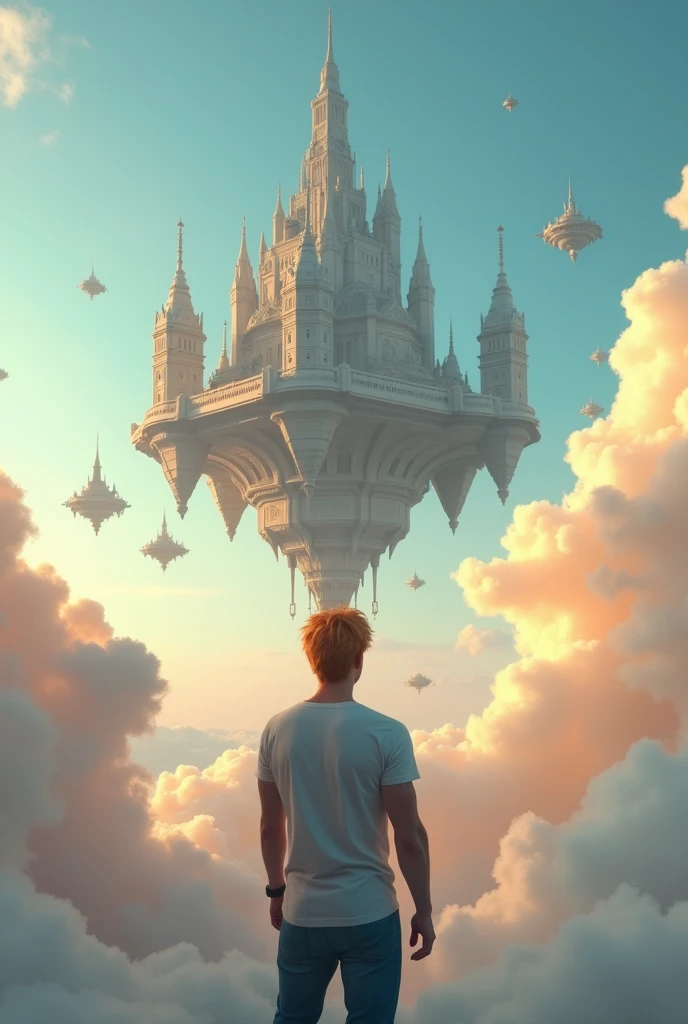 A cinematic medium shot of a athletic 46yr old man with strawberry-blonde hair wearing a t-shirt and jeans. Strong cinematic posture, back to the camera. He is standing knee-deep in clouds, between fluffy sunset clouds and looking at a magnificent fantasy city with intricate details. The city is floating in the air above the clouds, with small cylindrical objects flying around it. The background is a clear blue sky. The city has a heptagonal shape, with corner towers connected to the central part by galleries and passages. The city's design is gothick, strict yet graceful, combining futuristic and traditional architectural elements. It soars high in the sky in the air far away. The city has a fantasy look with a futuristic twist, and the flying towers serve as defense structures.
Hight contrast and ultra-detailed, ultrarealistic, 8k, HDR