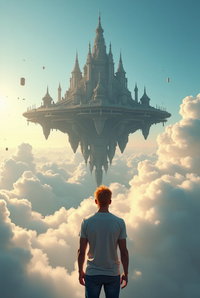 A cinematic medium shot of a athletic 46yr old man with strawberry-blonde hair wearing a t-shirt and jeans. Strong cinematic posture, back to the camera. He is standing knee-deep in clouds, between fluffy sunset clouds and looking at a magnificent fantasy city with intricate details. The city is floating in the air above the clouds, with small cylindrical objects flying around it. The background is a clear blue sky. The city has a heptagonal shape, with corner towers connected to the central part by galleries and passages. The city's design is gothick, strict yet graceful, combining futuristic and traditional architectural elements. It soars high in the sky in the air far away. The city has a fantasy look with a futuristic twist, and the flying towers serve as defense structures.
Hight contrast and ultra-detailed, ultrarealistic, 8k, HDR