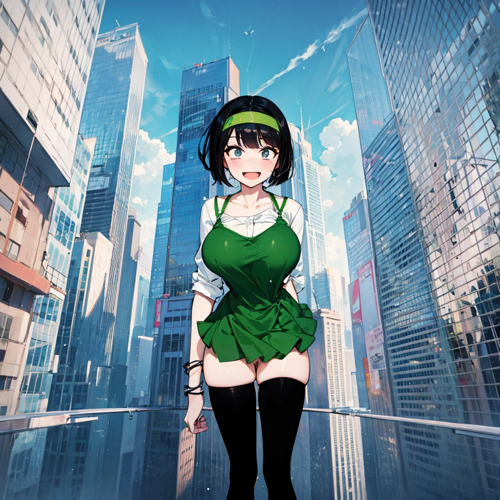 (solo), (1 skinny girl standing), arms behind back, swaying back, (tight-fit black thighhighs), collarbone, BREAK, hairband, white shirts, glass-walled skyscrapers in distance, BREAK, (long skinny legs), huge breasts, BREAK, (forced smile:1.3), (dripping tires:1.3), (disappeared), open mouth, orgasm, nsfw, pussy juice dripping down between thighs