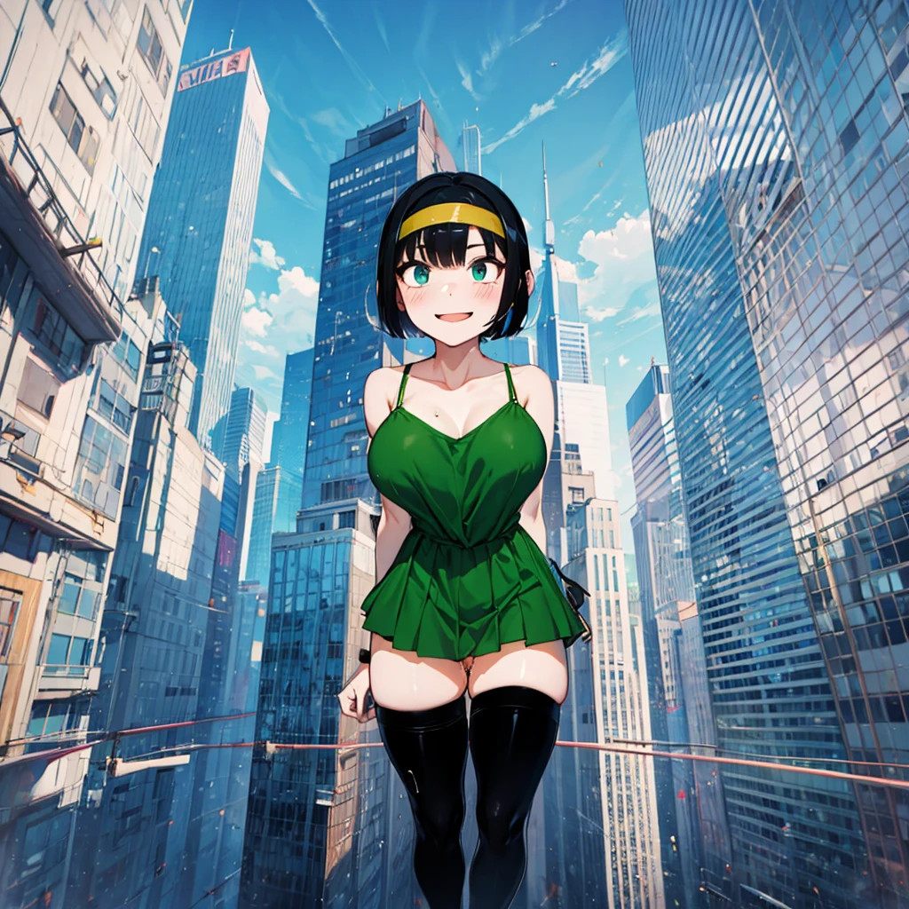 (solo), (1 skinny girl standing), arms behind back, swaying back, (tight-fit black thighhighs), collarbone, BREAK, yellow hairband, white shirts, green dress with shoulder straps, glass-walled skyscrapers in distance, BREAK, (long skinny legs), huge breasts, BREAK, (forced smile:1.3), (dripping tires:1.3), (disappeared), open mouth, orgasm, nsfw, pussy juice dripping down between thighs