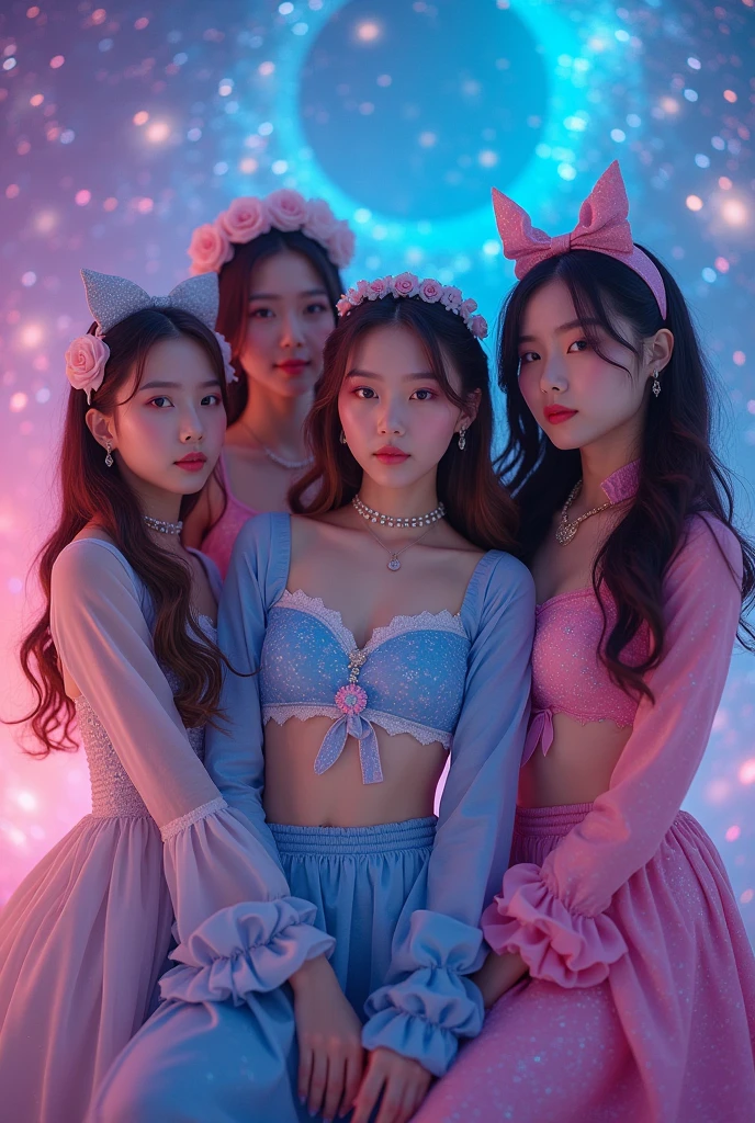-22 aged kpop girls. Make 3 of them look half american and korean and 3 of them fully korean. Concept photo. Make it look galaxy themed. 5 members only. All of them wear long sleve galaxy themed clothes. Make it look like this is their debut album. Some look japanese