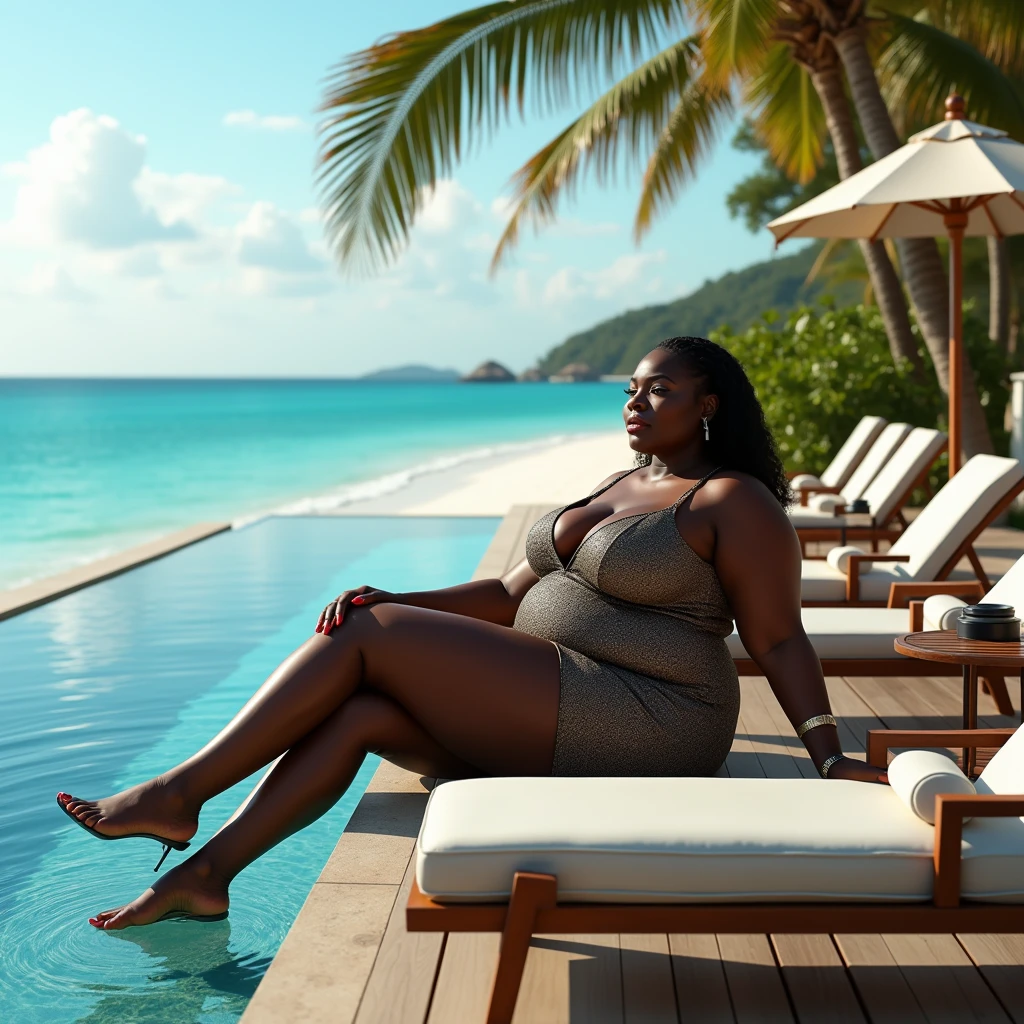 (photorealism:1.2),ebony plus-size curvaceous woman with a commanding findom persona is relaxing at a luxurious resort on a tropical island. She exudes power and wealth, embodying confidence and sophistication. Her attire is elegant and high-fashion, perfectly accentuating her figure and presence. She is lounging comfortably by an infinity pool that overlooks a pristine beach, the blue waters of the ocean shimmering in the background.
The setting is opulent, with the pool area decorated with lavish furnishings, including plush lounge chairs and stylish umbrellas. Palm trees sway gently in the background, adding to the tropical paradise ambiance. The woman's posture is relaxed yet undeniably authoritative, showcasing her dominance and control over her surroundings. Her expression conveys a sense of calm confidence and enjoyment as she takes in the luxurious environment around her, clearly enjoying the high-end amenities and breathtaking views of the resort. The entire scene radiates luxury, power, and the indulgence of a woman in control of her desires and environment. with men worshipping here sexy feet