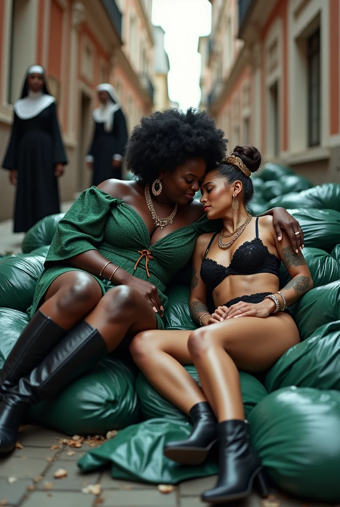 Two milf women lounging on pile of dark  green plastic bags on a narrow street with waste on the floor, nuns in the background. The taller and dominant one: barefoot, dark skinned overweight woman with black afro hair, muscular, african traditional robes and ethnic jewelry, possessive stance (arm around her partner"s shoulders, leaning on her partner and the other hand on her partner's crotch). The russian woman, femenine, very pale skin, submissive attitude, laid back, long neck, very thin, helpless and weak, Idle hands, wide open legs,.grey hair (bouffant, pouf, top bun) and oversized square sunglasses. Big lips. Black lace push up bra, silicone breast,, low rise black lace thong. Tall pointy knee high heeled leather boots.. Lots of thick wide studded bracelets, chain necklaces and big rings, Long earrings with chains and feathers, Chains around her narrow hips. Neck, chest, stomach, feet, hands, arms and wrists heavily tattoed. Toned abdominals, thin neck, slim legs and thin arms