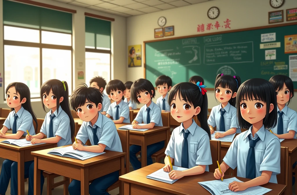 A classroom scene with young modern Hong Kong pupils, boys and girls about same numbers, wearing gender uniforms, ranging in age from 6 to 12, seated at wooden desks, surrounded by worn chalkboards, faded maps, and inspirational posters on the walls, amidst a warm and inviting atmosphere, with soft natural light pouring in through the large windows, casting a gentle glow on the students' bright, curious faces, featuring smooth, round cheeks, dark brown eyes, and straight black hair, adorned with colorful hair clips or ribbons, while wear school, uniform yet neatly pressed, school uniforms in shades of bright blue, white, and red, with crisp white shirts and dark blue pants, amidst an environment filled with textbooks, pencils, and scattered paper sheets, hinting at an ongoing lesson.