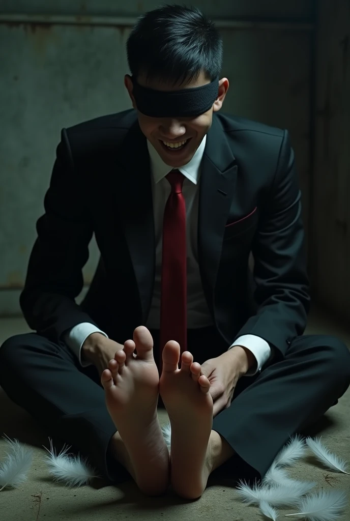 Malay  handsome  man Zarul 25 years university student
Get kidnapped
Haqiem hand  and feet hold by man warehouse and blindfolded
Black Suit and  Red tie 
Black  sock 
feet on desk
5 toes each feet 
He's ticklish
Focus on his feet
Focus A man tickle his feet using feathers
Haqiem laugh uncontrollably