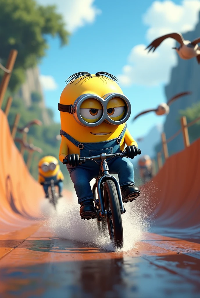 Minion Kevin black bike in bike race encounter obstacles on the track like puddles, quicksand, and a flock of birds flew by, but he still persevered. Other candidates run behind.