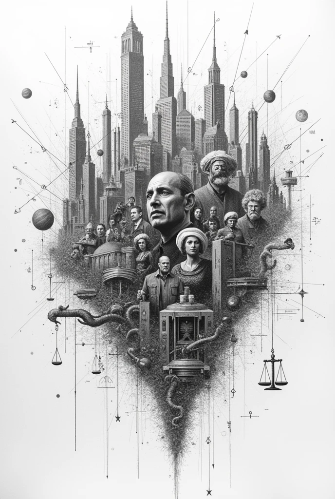 Draw me a pencil sketch a visual representation of the modern world system