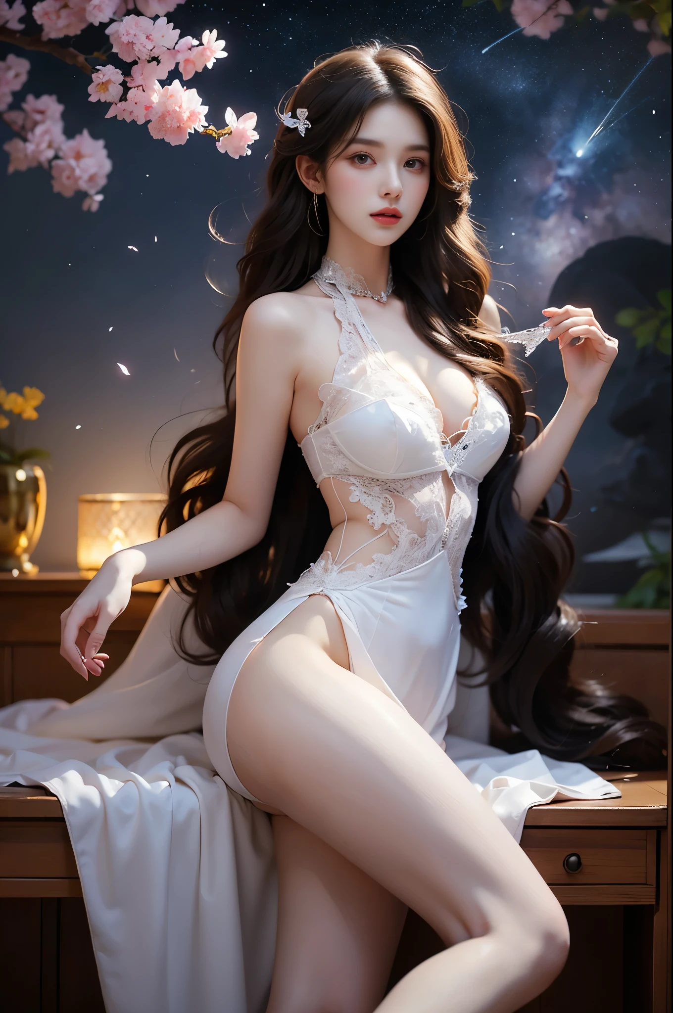 Elegant posture, She gently lifted her skirt with one hand,头发周围有白色的Butterfly兰，Lilac dendrobium、White Lily, Long legs , Deep in Wonderland, ((Flowing long hair))Official Art , Unity8k Wallpaper , Extremely detailed , Visible cleavage, Pretty and beautiful , 性感Long legs, masterpiece , best quality ,Practical, Very detailed illustrations ,Extremely detailed , Intricate details , Extremely complex and detailed , Very detailed 8KCG wallpaper , Caustics .reflection , Ray Tracing , Devil theme ,nebula ,Dark aura, Network Effects , (1 girl)solitary , 小蓝Butterfly , (Blue plasma flame , (insect , Butterfly)) Pastel tones in Rococo style ,Light white and light dark red , Incredibly beautiful , Cherry blossoms , Surrealism ,painting , Ethereal , Mixing reality and fantasy elements ,Ray Tracing , Complex Mode , Exquisite lines , Perfect your hands, Starry Sky , Colorful , Star