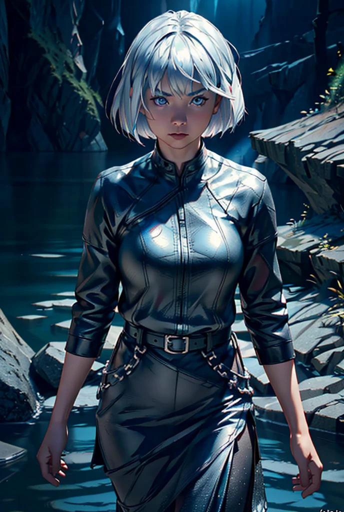 asian girl, silver hair, bob cut, blue eyes, black skirt, standing, dark cave, lake, (best quality,4k,8k,highres,masterpiece:1.2),ultra-detailed,(realistic,photorealistic,photo-realistic:1.37), cinematic lighting, dramatic shadows, moody atmosphere, fantasy landscape, concept art