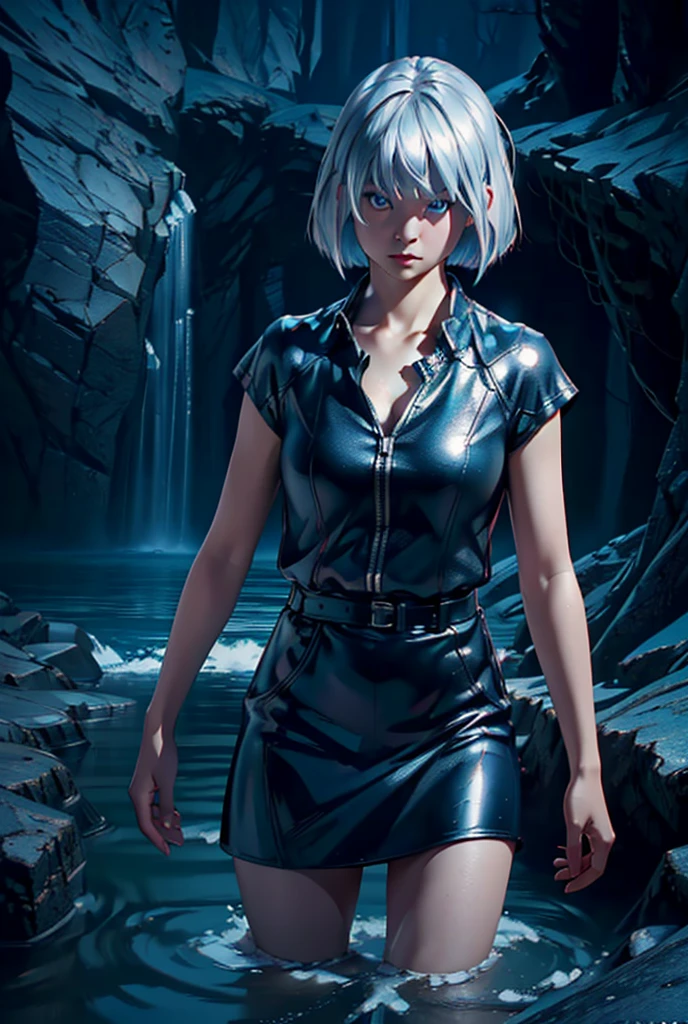 asian girl, silver hair, bob cut, blue eyes, black skirt, standing, dark cave, lake, (best quality,4k,8k,highres,masterpiece:1.2),ultra-detailed,(realistic,photorealistic,photo-realistic:1.37), cinematic lighting, dramatic shadows, moody atmosphere, fantasy landscape, concept art