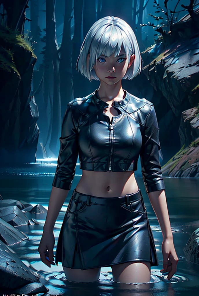 asian girl, silver hair, bob cut, blue eyes, black skirt, standing, dark cave, lake, (best quality,4k,8k,highres,masterpiece:1.2),ultra-detailed,(realistic,photorealistic,photo-realistic:1.37), cinematic lighting, dramatic shadows, moody atmosphere, fantasy landscape, concept art