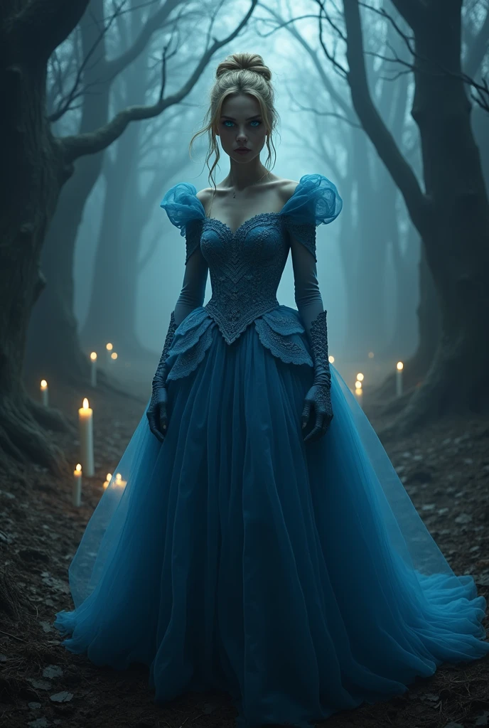 Cinderella with her blue dress as a wicked witch in a dark setting