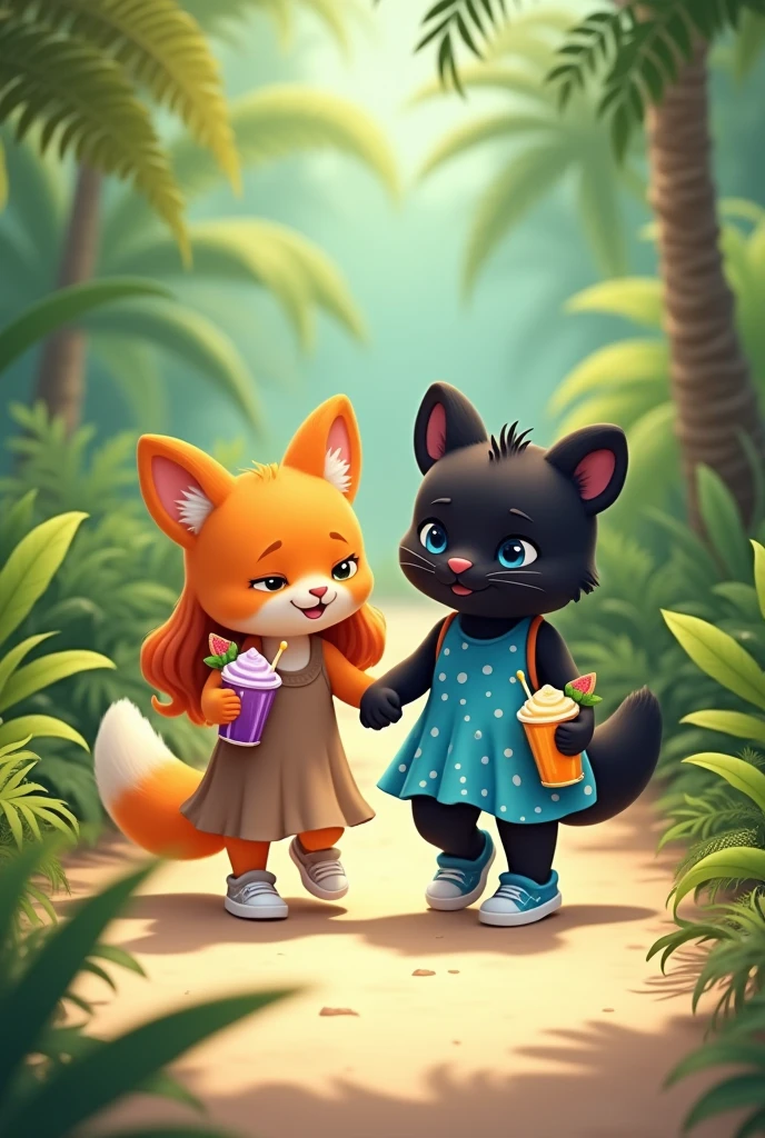 Cute and fluffy orange anthropomorphic fox of small stature in a dark beige full-length sundress.Fox shoes white sneakers. The fox has orange hair that reaches the floor.. A fox holds a sling with a grape cocktail and a straw in its paw. Next to the fox is a cute anthropomorphic fluffy black panther in a short bright blue mini sundress with white polka dots. Panther shoes blue sneakers.The panther has a hairstyle on the sides of its head with two black ponytails reaching to the floor.. The panther has kind blue eyes. Panther holds a sling with a mango cocktail and a straw in its paw. They walk holding paws along a path in a palm forest..