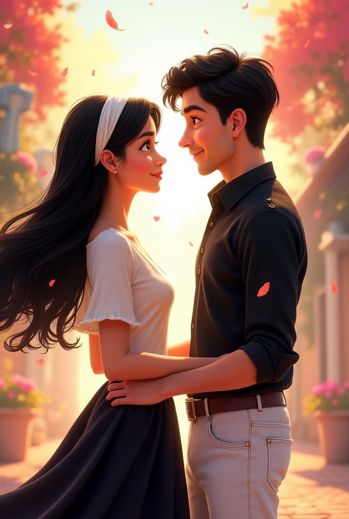 Disney-Pixar movie Poster
A woman with long black hair wearing a white headband, a white shirt and a black skirt.
A black-haired man wearing a black shirt and white jeans.