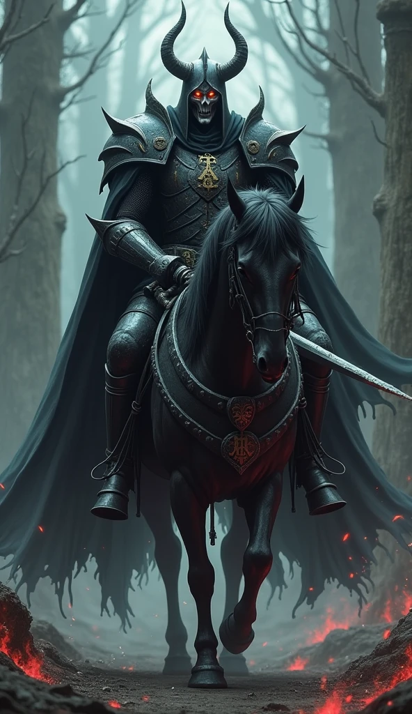 Knight Soth in English, using bullet points for clarity: Armor: Black, cursed armor adorned with dark, magical symbols. The armor is massive and intimidating, with sharp edges and spikes that enhance his menacing presence. Helmet: Black helmet with a visor that is often lifted to reveal his terrifying face. The helmet is decorated with horns or wings, giving him a demonic appearance. Face: His face is that of an undead being. Pale, decayed skin with deep, hollow eye sockets that emit an eerie red glow. His expression is often grim, filled with pain and anger. Weapons: Wields a large, cursed sword imbued with dark magic. The sword is often inscribed with runes and symbols that signify its power and connection to the underworld. Cloak: Wears a long, black cloak that billows in the wind, making his movements appear even more threatening. The cloak is often tattered and worn, symbolizing his long existence as an undead knight. Horse: Rides an undead horse that is as fearsome as he is. The horse has glowing eyes and an unnatural aura that spreads fear and dread.dark and mysufied Backgrund,