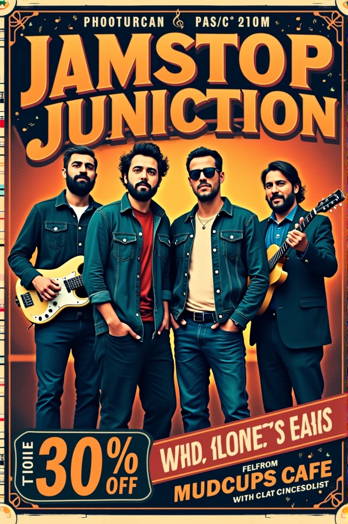 Create a classic professional poster for jamstopjunction music band performance, which contains 4 members, a singer, keyboardist, bassist and clap box player. The performance will be on Mudcups cafe on 30th and 31st of august, friday and Saturday evening 6:30pm-8:30pm
