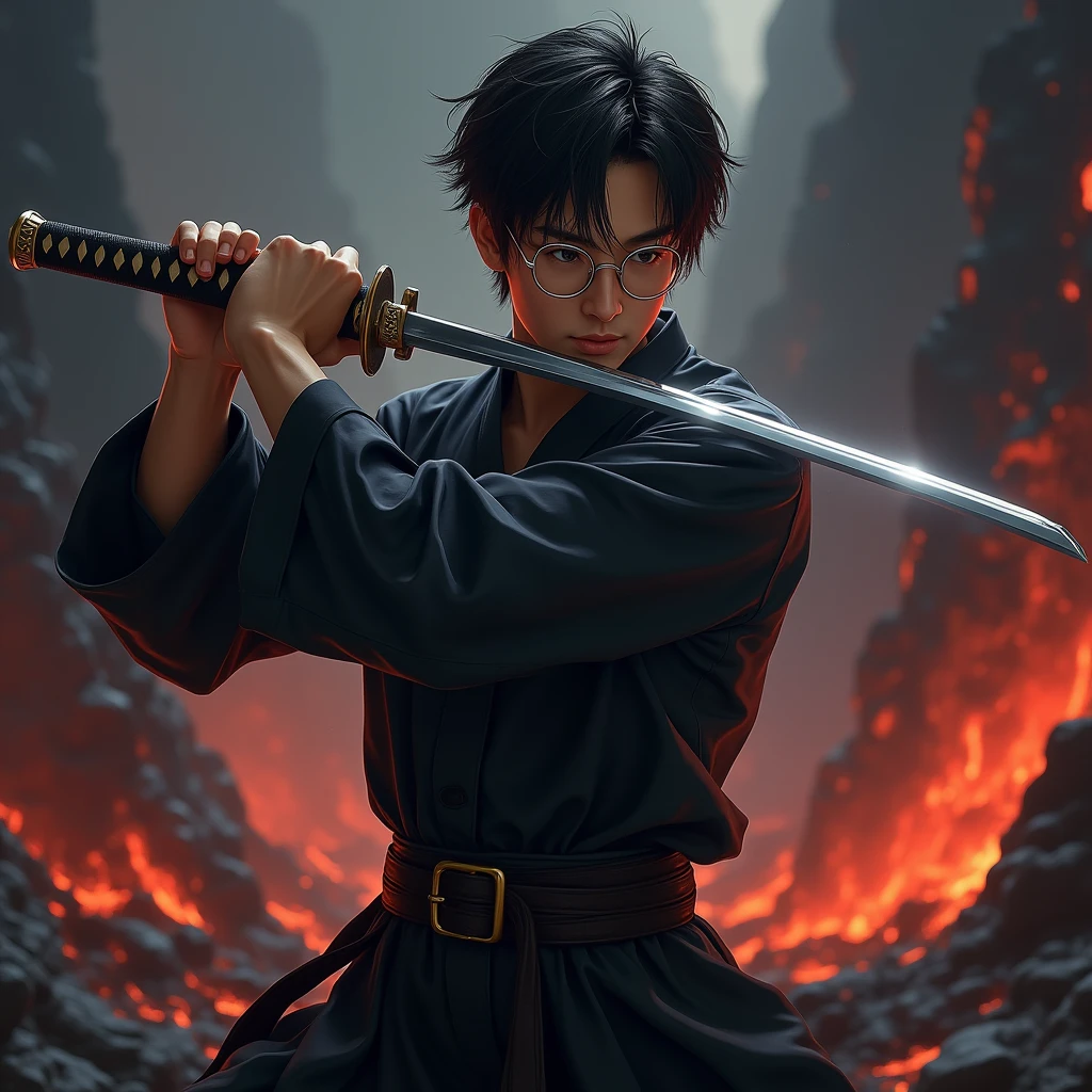 Create a character, {background: darkness vulcano (background-text: “Pras”)} blue, realistic, HDR, use glasses, handsome, korean style, full body, use katana, age 20