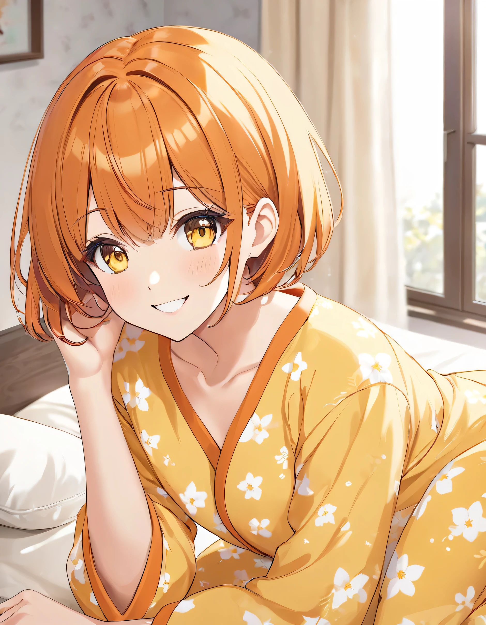 Beautiful self-confidence々Smiling adult woman、((Orange short hair))(Yellow Eyes)、(Wearing cute loungewear)