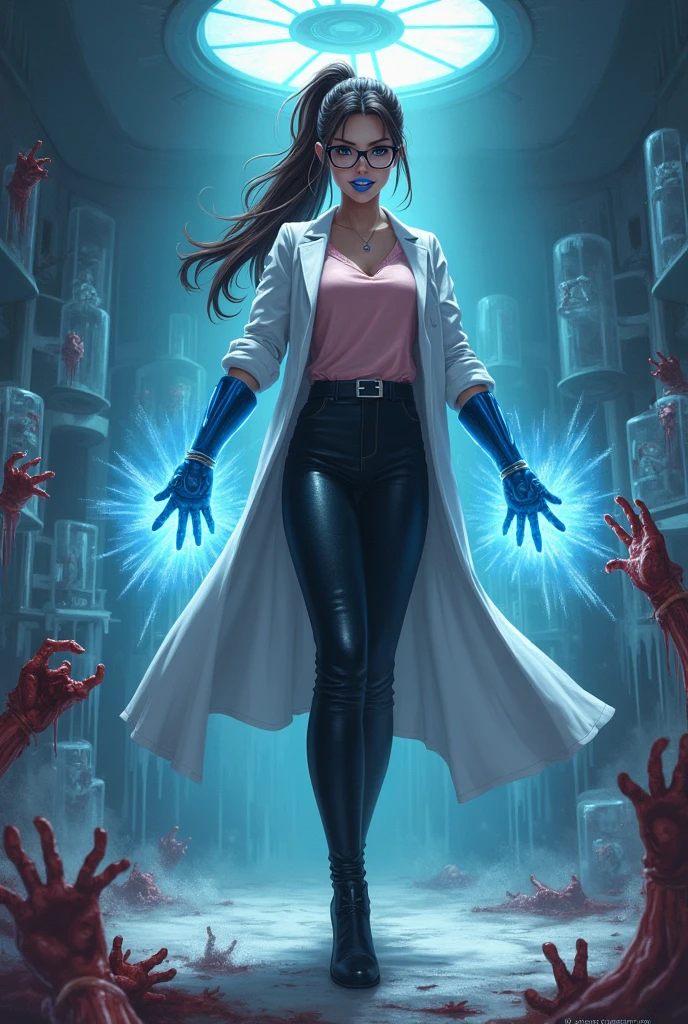 Action scene of an evil villainess, ponytail brown hair, blue eyes, full body, bloody surgery room covered in ice (setting), thin lips, {blue lipgloss}, square framed glasses, makeup, evil smile, light pink blouse, black pants, white lab coat, black ankle boots, blue high tech mechanical gloves, ice powers, blood splatter, people encased in ice, trapped people, experimented on, death.