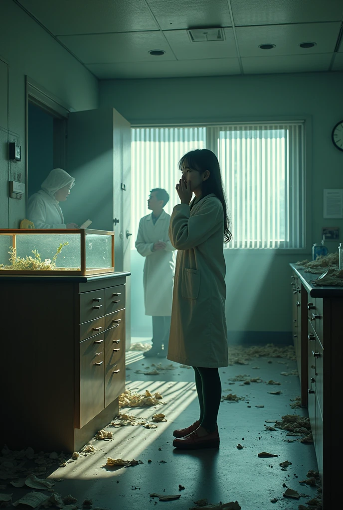 Beautiful botanical genius, Misaki Sato, 28, Japanese, black ducktail, Ransacked botanical research lab, early morning sunlight streaming through venetian blinds, creating stark shadows, papers and broken glass strewn across floor, empty orchid specimen case prominent on central table, drawers pulled out, computer with cracked screen, distraught Beautiful botanical genius Misaki in foreground, hand over mouth, eyes wide with shock, wearing previous day's wrinkled lab coat, detective in background taking notes, forensic team dusting for fingerprints, police tape across doorway, other scientists whispering in hallway visible through open door, clock on wall showing 7:15 AM, hyper-realistic, dramatic lighting, crime scene photography style, intricate detail, faded, highly detailed eye, highly detailed eye, 16k resolution, RAW, Nikon Z9, creative, masterpiece, fantasy, super detailed, high resolution, high quality, 8k, realistic, super detailed Dramatic Lighting, Soft Focus, Digital Illustration, Intricate Mechanics, Advanced Techniques, Dark Backgrounds, Cinematic, High Contrast, Moody, Strict, Atmospheric, (Top Quality, 4k, 8k, High Definition, Masterpiece: 1. 2), Ultra-Detailed, (Realistic, Graphic, Photorealistic: 1. 8) -- No glass --AR 16:9 --Stylize 1000