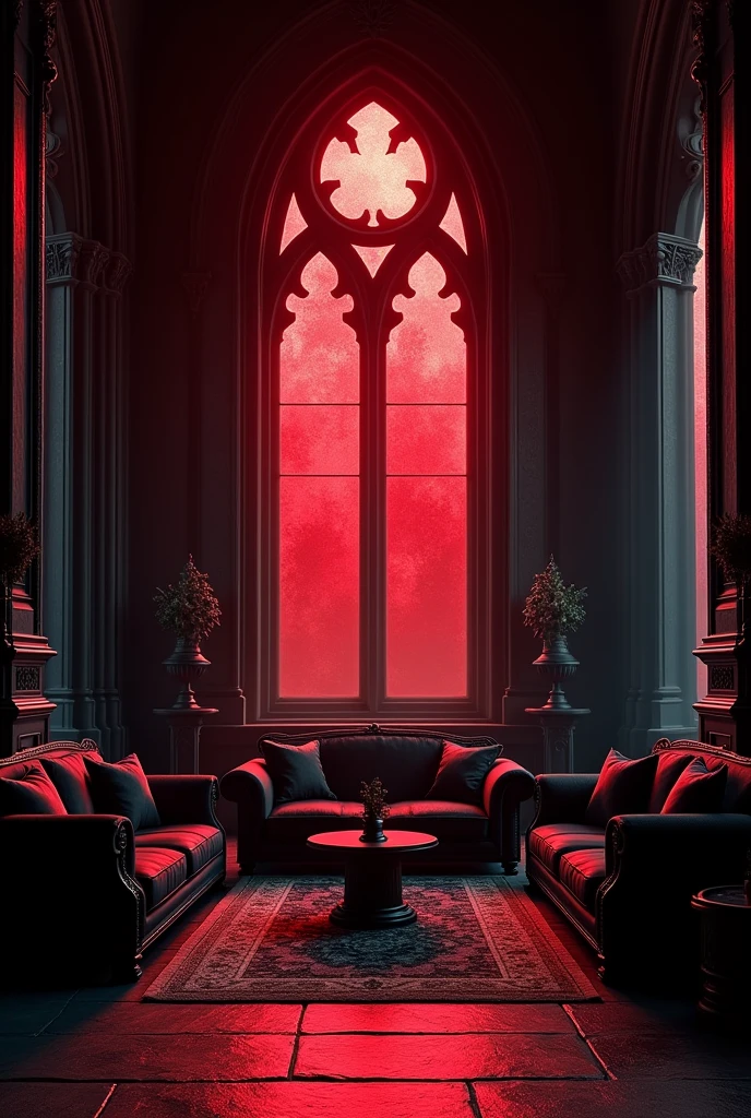You can create a huge living room, with gothic style windows, with black curtains, with completely black walls and black medieval French style furniture, black upholstery, with the entry of very intense red sunlight through the almost opaque deep red stained glass windows?