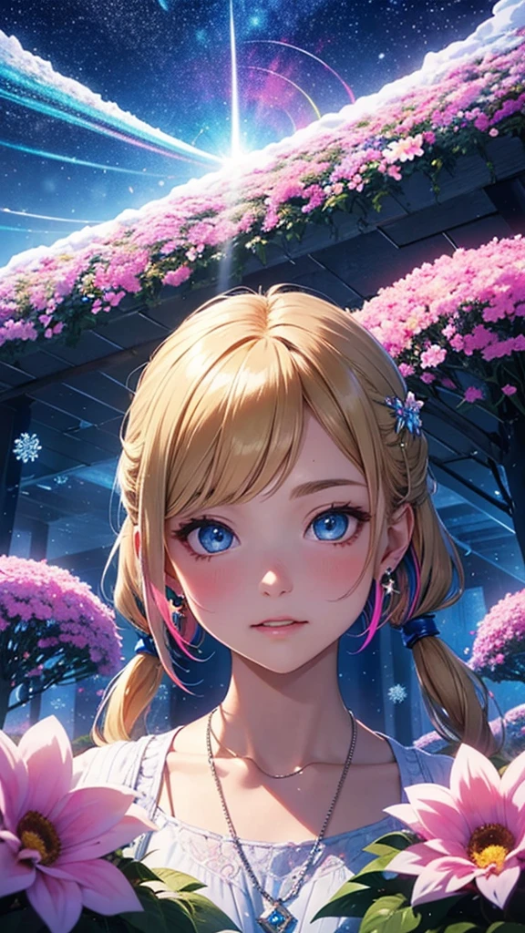 Melody Mark,Highest quality、Tabletop、1 Female、solo、(Abstract art:1.4),(Psychedelic Theme:1.6),(Gunjo World:1.5),(Snow World:1.5),(Winter World:1.5),(At the center of the world is the most beautiful woman in the world),(Many stars are falling:1.3),A ray of light spreads,Crystals spreading from the center,Prisma(Nostalgic scenery:1.5),(Colorful flowers:1.5),Garden Girl,Absurd, Ultra-detailed,Bright colors, Very beautiful and detailed anime faces and eyes,short hair,Asymmetrical bangs, Blonde hair in short pigtails, Shiny Hair, Delicate and beautiful face, blush、blue eyes, White skin, Barrette, Earrings, necklace,Beautiful Clouds, Twilight Sky,