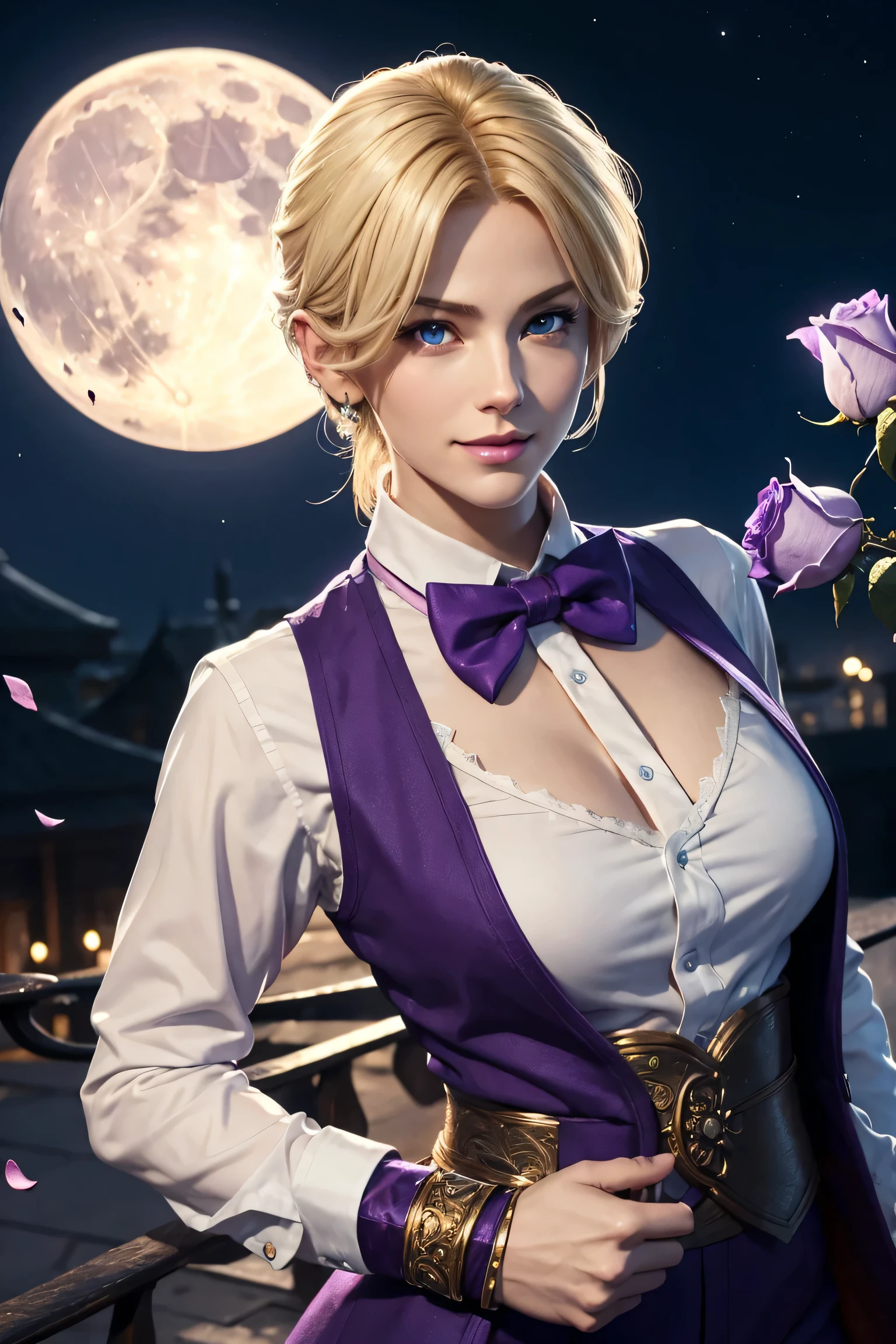 KOF,King of Fighters,King,Blue Eyes,Blonde Hair,Medium Hair,White long shirt,Purple vest,A bow tie,Beautiful white skin,Photorealistic,Ultra HD,high quality,masterpiece,Digital SLR,Detailed details,Intricate details,Anatomical basis,Depicted in detail,A detailed face,Realistic skin texture,Vivid details,Perfect Anatomy,Perfect Anatomy,Anatomically correct hand,Anatomically correct fingers,Super Detail,Complex 3D rendering,Sexy pose,Fantasy worldview,Beautiful Full Moon,,Beautiful night sky,Purple rose petals fluttering,Picturesque,Pink Lips,smile,