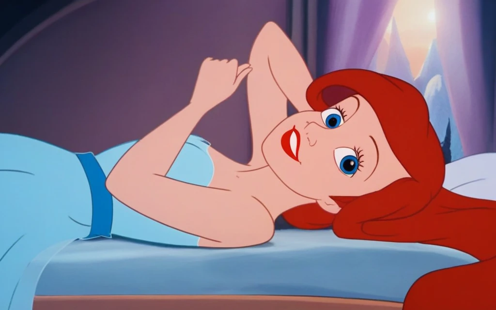 score_9, score_8_up, score_7_up, score_6_up, score_5_up, score_4_up, a photograph, realistic, 1girl, source_cartoon, disney, ar_el, fair skin, red lips, red hair, female, castle bedroom, alone, solo, wearing blue dress, on bed, fully clothed, looking at viewer seductively, large aqua-blue eyes, perfect eyes, rating: questionable, rating: explicit, clear image, HD image, exquisite detail, brilliant color schemes, shaded perfectly, cinematic, 4k, Ultra HD 32k