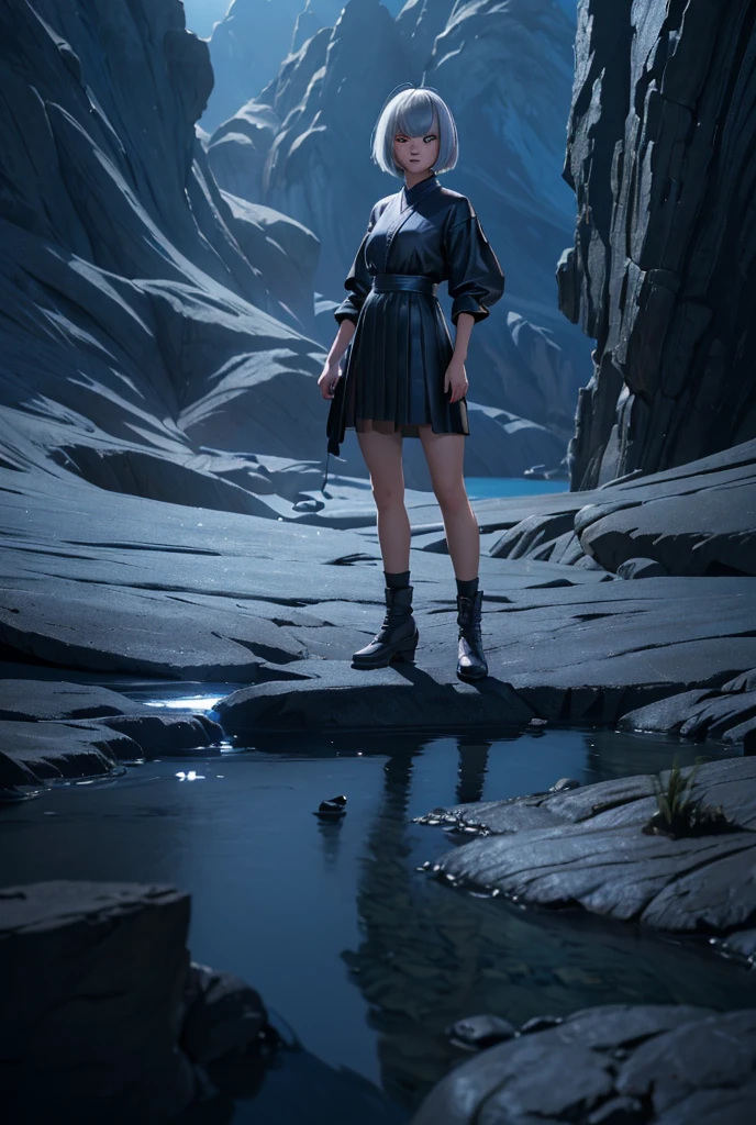 asian girl, silver hair, bob cut, blue eyes, black skirt, standing, dark cave, lake, (best quality,4k,8k,highres,masterpiece:1.2),ultra-detailed,(realistic,photorealistic,photo-realistic:1.37), cinematic lighting, dramatic shadows, moody atmosphere, fantasy landscape, concept art