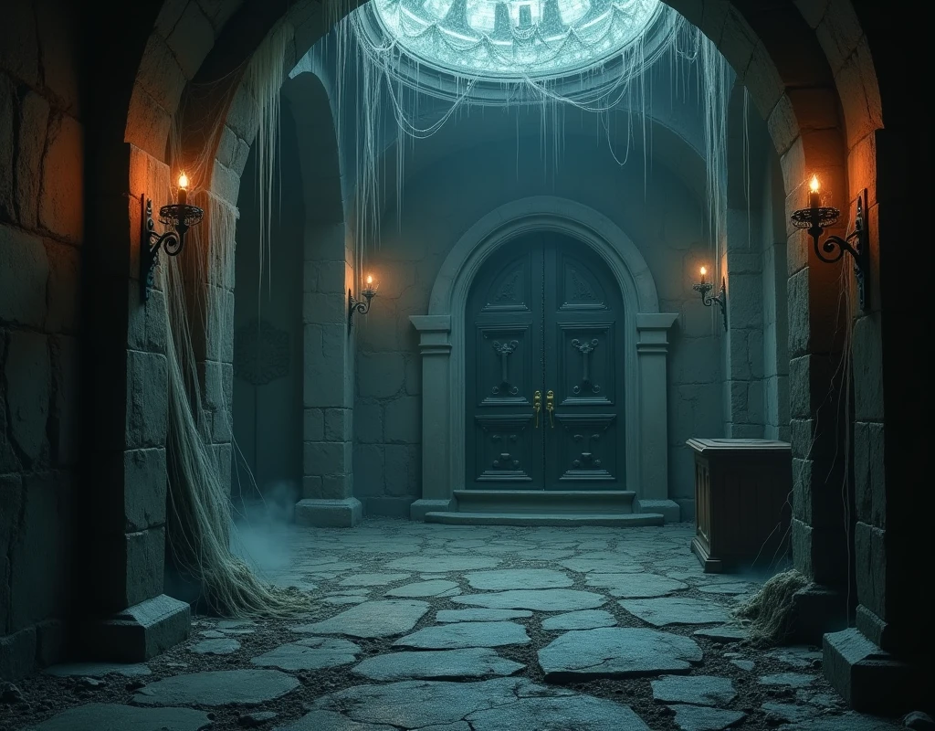 fantasy spooky room with far away closed door