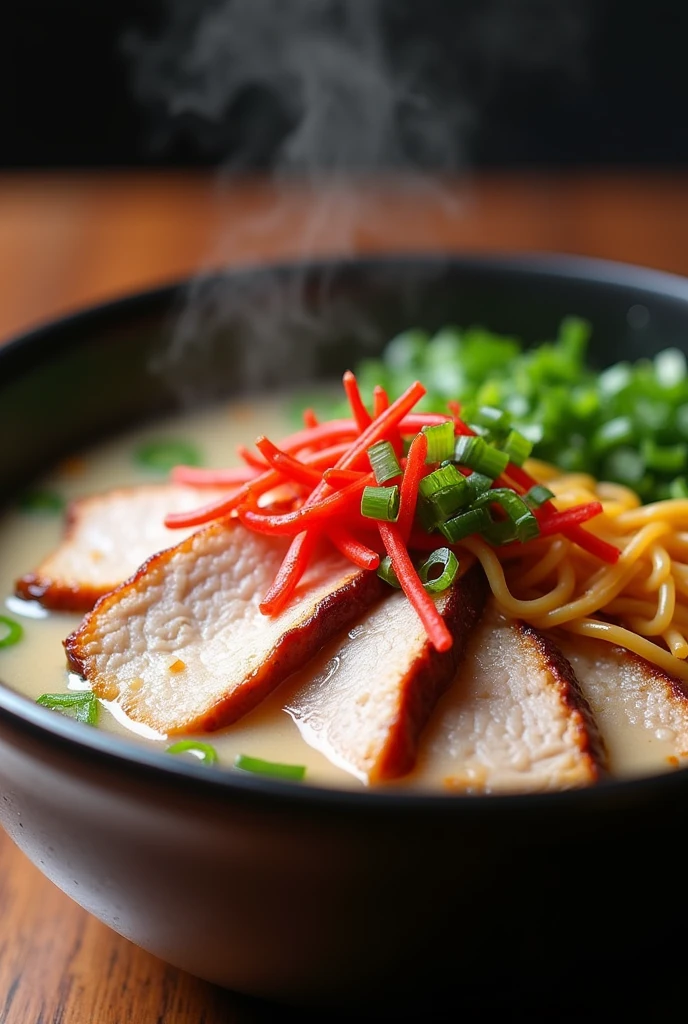 Pork bone ramen Thin noodles Red pickled ginger The soup is milky white pork bone and green onion roasted pork fillet photograph