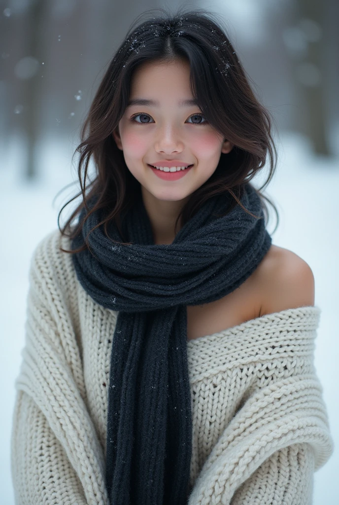 (closeup shot:1.4)、(Raw-Photo:1.2)、(Photorealcitic:1.4)、(masterpiece:1.3)、(Top Quality:1.4)、dream-like、(Detailed eyes)、(Detailed facial features)、(detailed clothing features)、clear skin、(shinny skin)、(Slender and Beautiful Girl)、(Beautiful bridge lines)、one girls、(FULL BODYSHOT)、solo、cute little、Happy smiling face、(tits huge)、beauty breast、bangss、Short bob、A darK-haired、black eyes、Long scarf、White wool sweater、off-the-shoulders、mini-skirt、Black thick pantyhose、Snow boots、I can see the panties、indecency、Erotic、