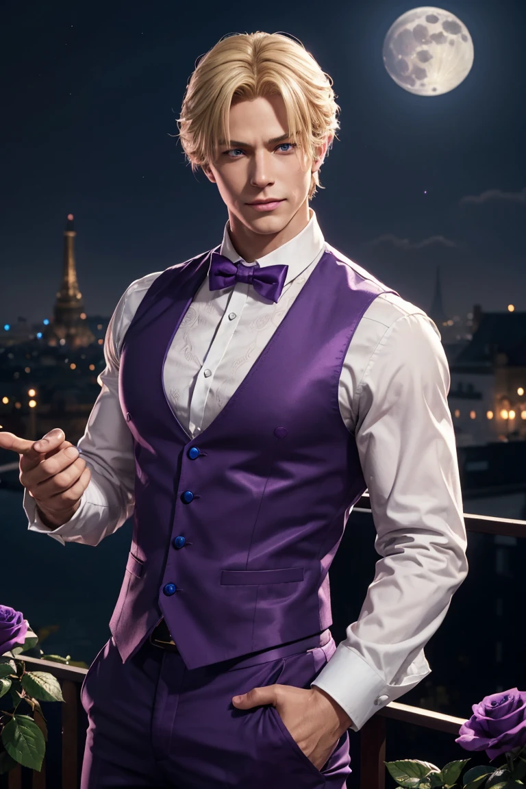 KOF,King of Fighters,King,Blue Eyes,Blonde Hair,Medium Hair,White long shirt,Purple vest,A bow tie,Beautiful white skin,Photorealistic,Ultra HD,high quality,masterpiece,Digital SLR,Detailed details,Intricate details,Anatomical basis,Depicted in detail,A detailed face,Realistic skin texture,Vivid details,Perfect Anatomy,Perfect Anatomy,Anatomically correct hand,Anatomically correct fingers,Super Detail,Complex 3D rendering,Sexy pose,Fantasy worldview,Beautiful Full Moon,,Beautiful night sky,Purple rose petals fluttering,Picturesque,Pink Lips,smile,