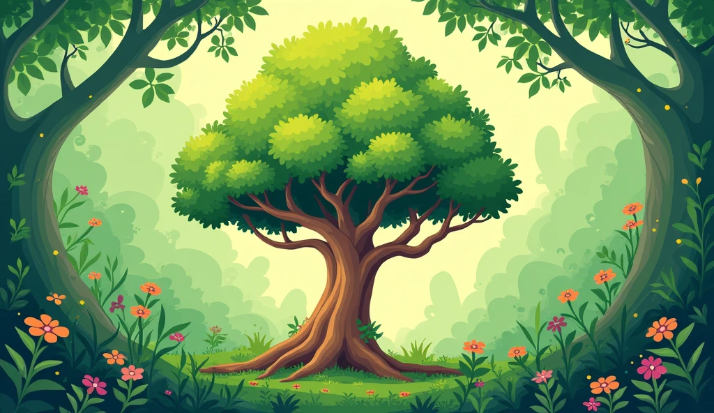 A cartoon style "tree with green background.