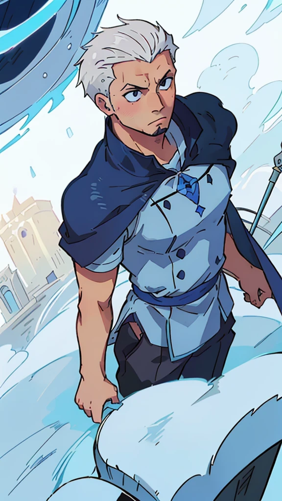 1 boy, archer blue short hair, синие короткие волосы parted in the middle, short hair men, without a beard, beardless, NO FACIAL HAIR, Archer style costume, Dark Cape, palace corridor, uniform, Connection, bluish