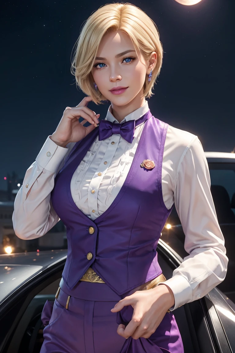 KOF,King of Fighters,King,Blue Eyes,Blonde Hair,Medium Hair,White long shirt,Purple vest,A bow tie,Beautiful white skin,Photorealistic,Ultra HD,high quality,masterpiece,Digital SLR,Detailed details,Intricate details,Anatomical basis,Depicted in detail,A detailed face,Realistic skin texture,Vivid details,Perfect Anatomy,Perfect Anatomy,Anatomically correct hand,Anatomically correct fingers,Super Detail,Complex 3D rendering,Sexy pose,Fantasy worldview,Beautiful Full Moon,,Beautiful night sky,Purple rose petals fluttering,Picturesque,Pink Lips,smile,